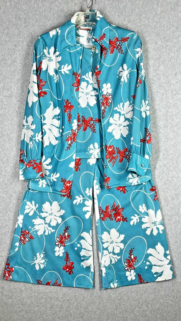 Leslie J 3pc Floral Palazzo Pantsuit XS S Hawaiian 70s Vintage